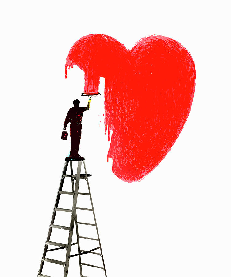 Man On Ladder Painting Large Red Heart Painting by Ikon Ikon Images