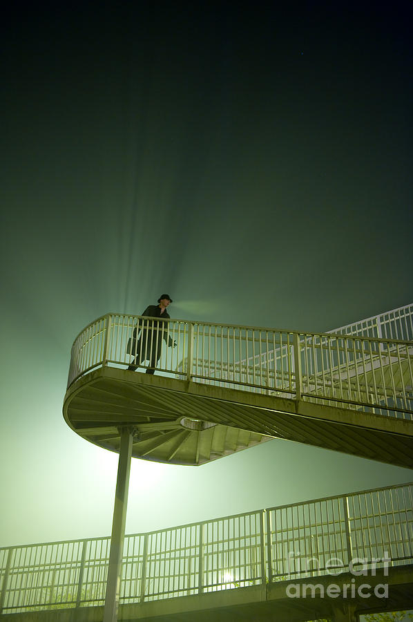 Man On Stairs With Case In Fog Photograph by Lee Avison