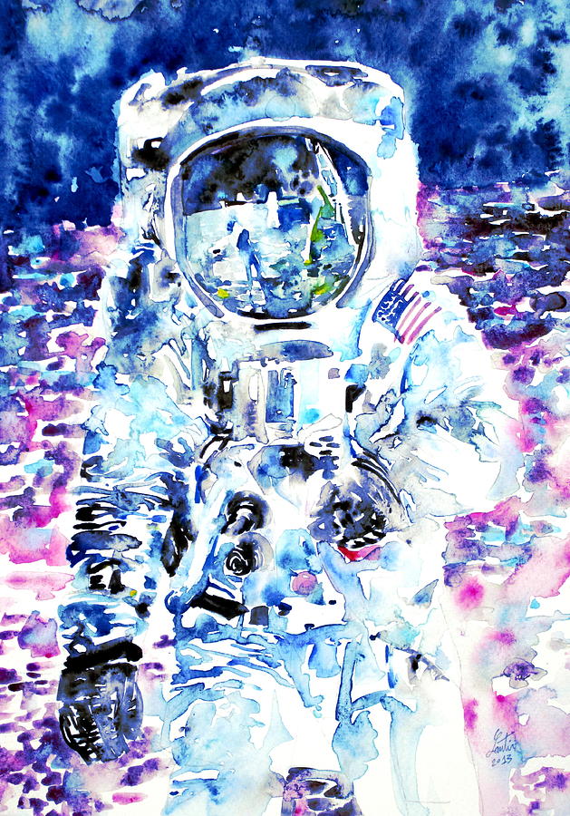 Space Painting - MAN on the MOON - watercolor portrait by Fabrizio Cassetta