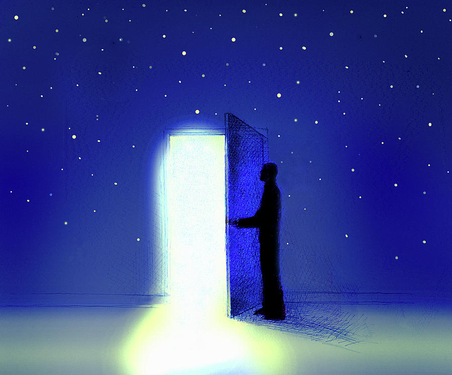 Man Opening Door In Night Sky To Reveal Photograph by Ikon Ikon Images