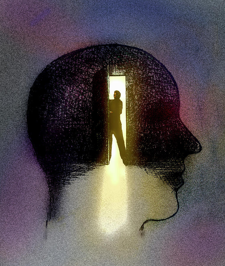 Man Opening Door Inside Of Outline Photograph by Ikon Ikon Images