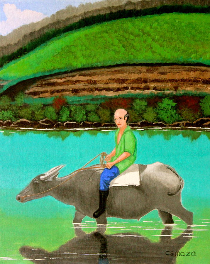 Man Riding a Carabao Painting by Cyril Maza