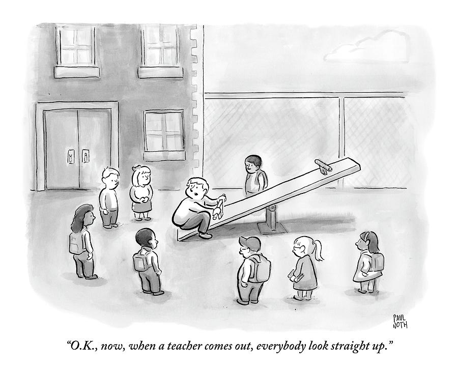 Man Sits On See-saw And Speaks To Cluster Drawing by Paul Noth