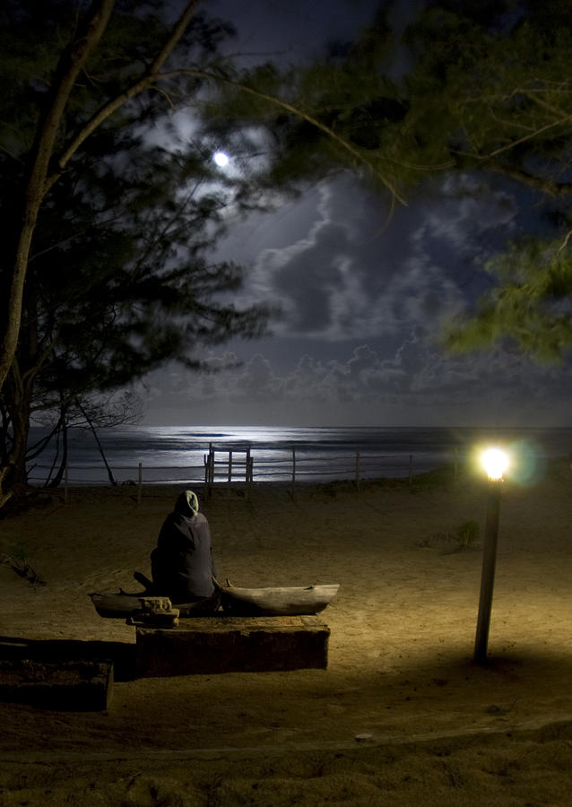 Man Sitting Watching The Full Moon At The Beach Photograph by Dray Van ...