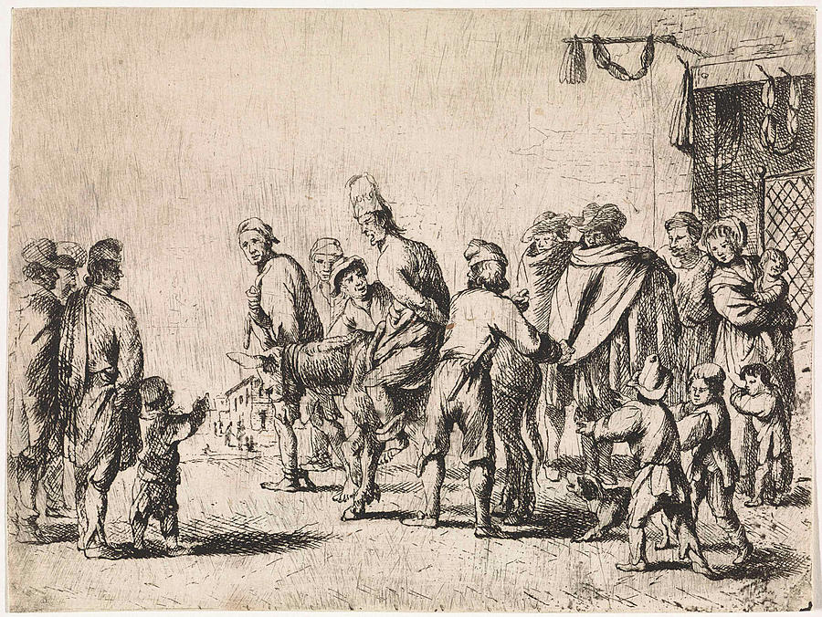 Donkey Drawing - Man Tied Up On A Donkey, Print Maker Cornelis De Wael by Cornelis De Wael