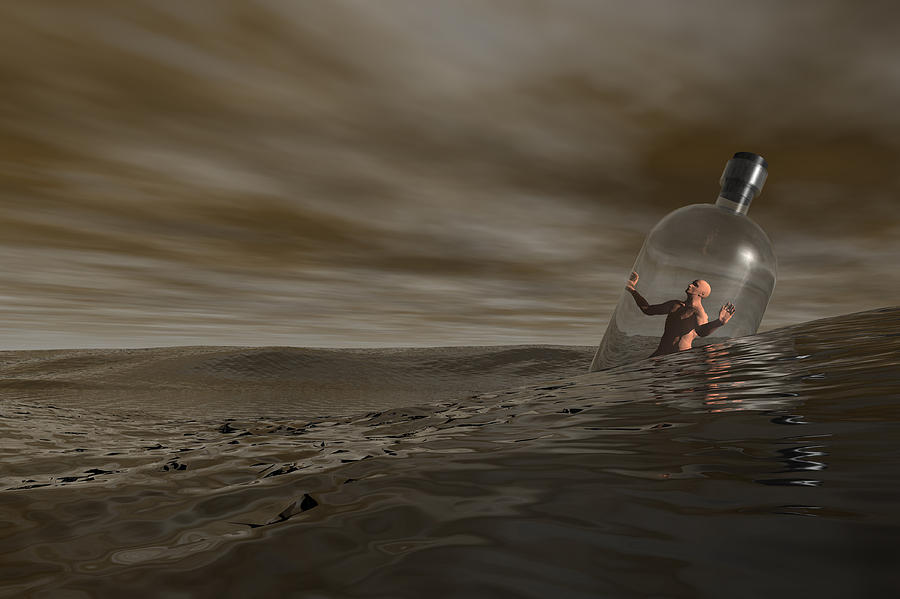 Man Trapped In A Bottle Floats In Dark Water Drawing by Rubberball/Clark Dunbar