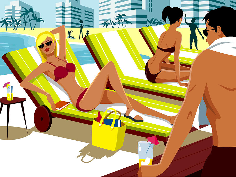Man watching two women sunbathing on deck chairs beside swimming pool Drawing by Greg Paprocki