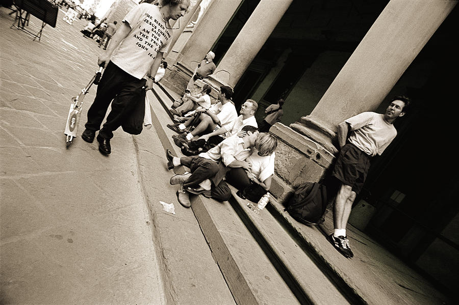 Sidewalk Photograph - Man Wearing A Jesus T-shirt Staring At Lovers, 2004 Bw Photo by Stephen Spiller
