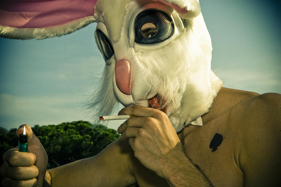 Man Wearing Rabbit Mask Lighting Cigarette Photograph by Pixalot