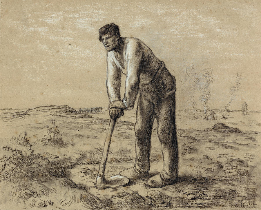 MAN WITH A HOE LABORER LEANING TIRED FARM RURAL FRENCH PAINTING BY MILLET REPRO 