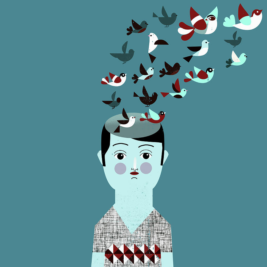 Man With Flock Of Birds Coming From Head Photograph by Ikon Ikon Images