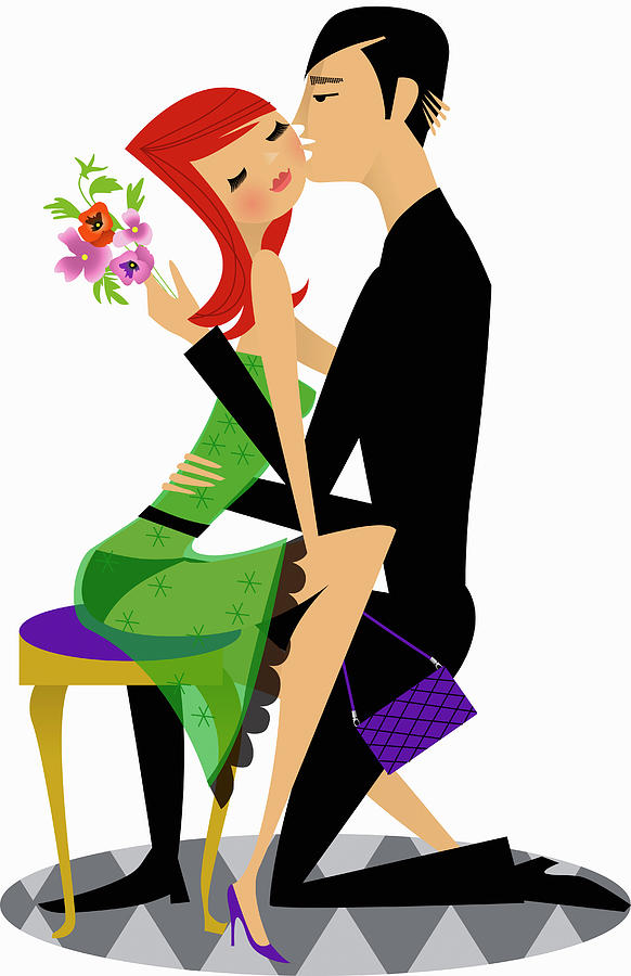 Man With Flowers Kissing Woman Photograph by Ikon Ikon Images