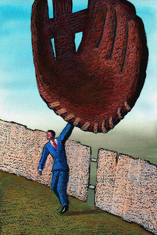 Man with Giant Baseball Mitt Drawing by Jonathan Evans