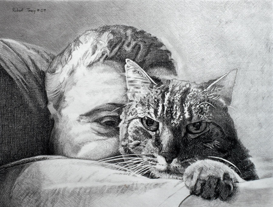 Man With HIs Cat Drawing by Robert Tracy