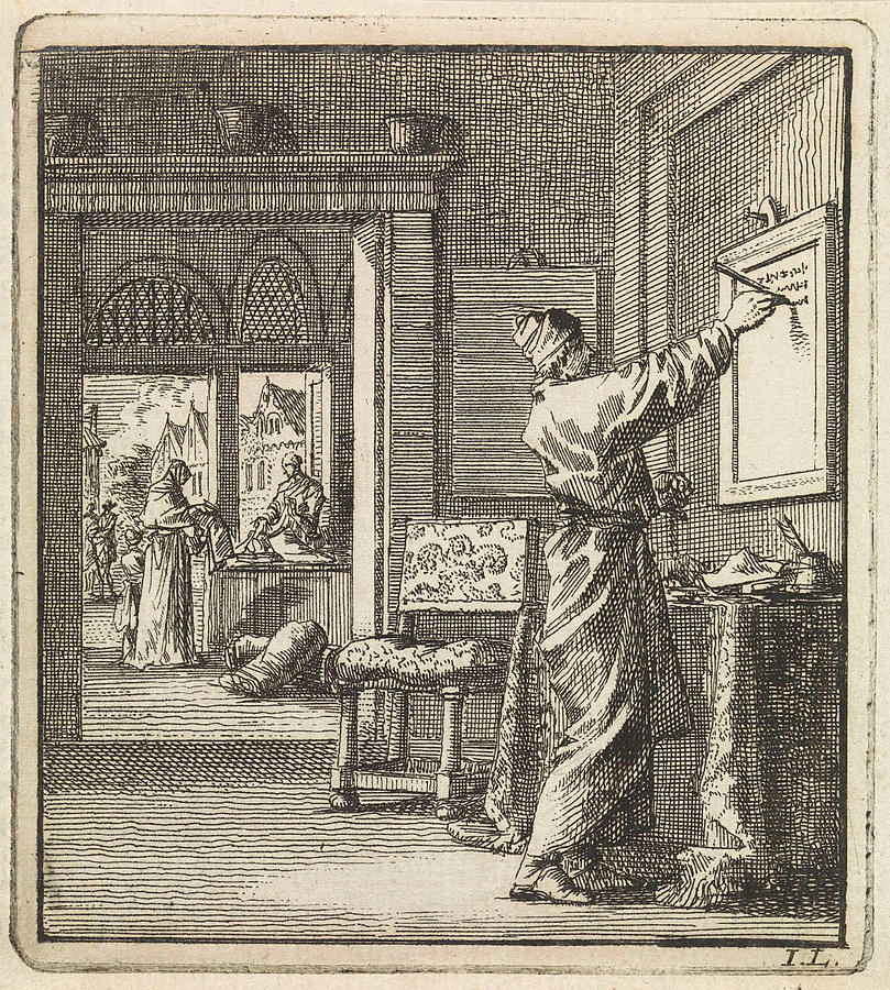 Man Writing From Right To Left On A Slate Wall Drawing by Jan Luyken ...