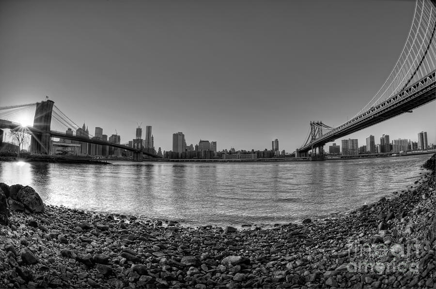 Manhattan and Brooklyn Bridge Fisheye BW Photograph by Michael Ver Sprill