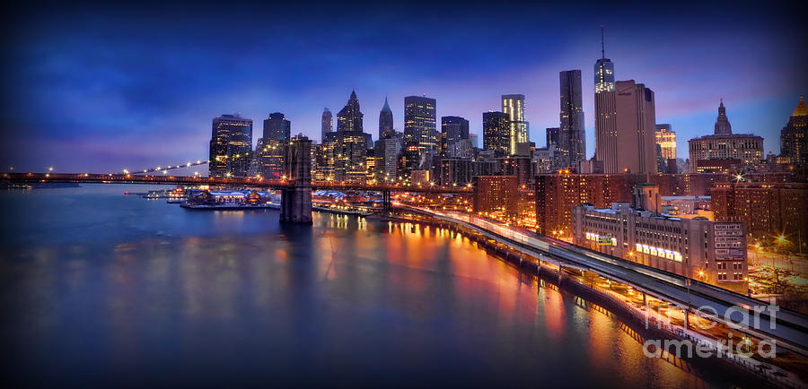 Manhattan at Dawn - Brooklyn bridge Photograph by Lee Dos Santos
