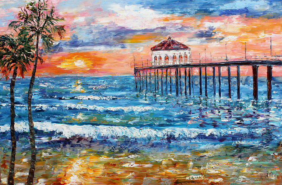 Manhattan Beach California Sunset Painting by Karen Tarlton