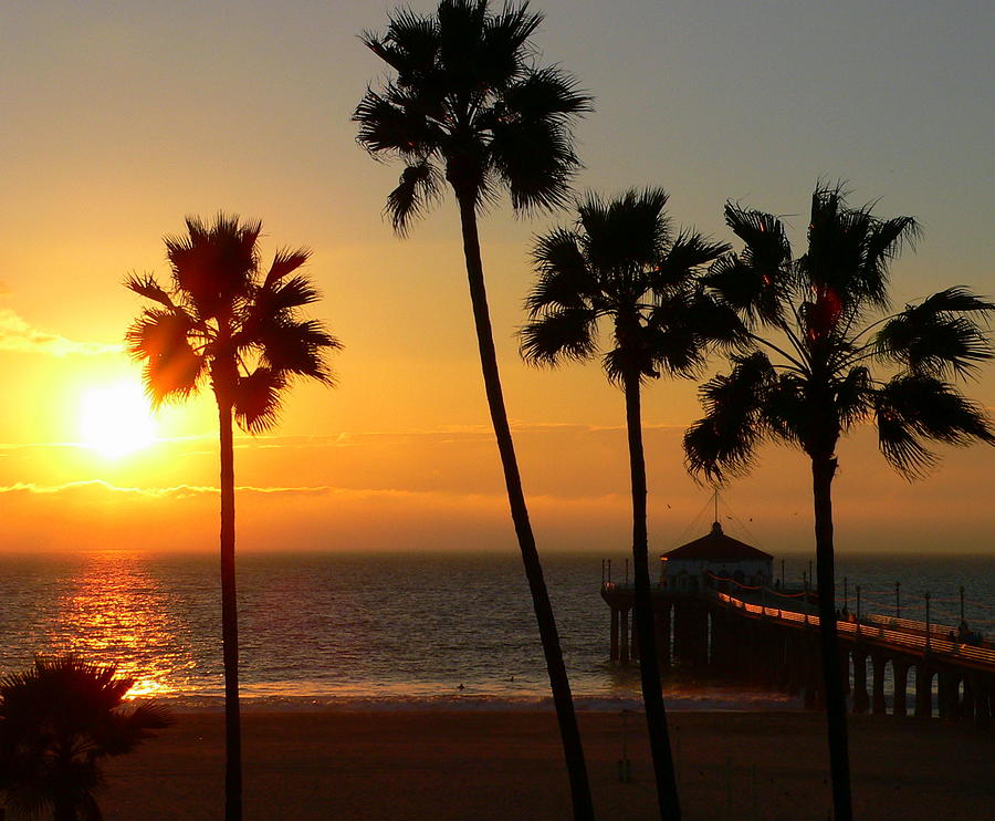 Manhattan Beach Pier and Palms at Sunset Photograph by Jeff Lowe