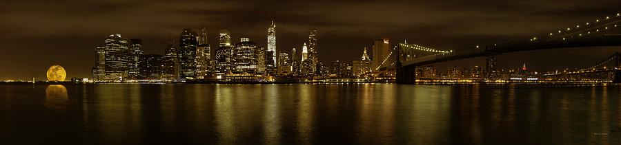 Manhattan from Brooklyn with the Brooklyn Bridge and full moon Photograph by Angela Stanton