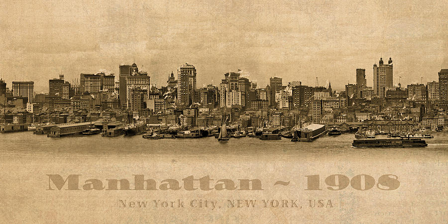 New York City Mixed Media - Manhattan Island New York City USA Postcard 1908 Waterfront and Skyscrapers by Design Turnpike