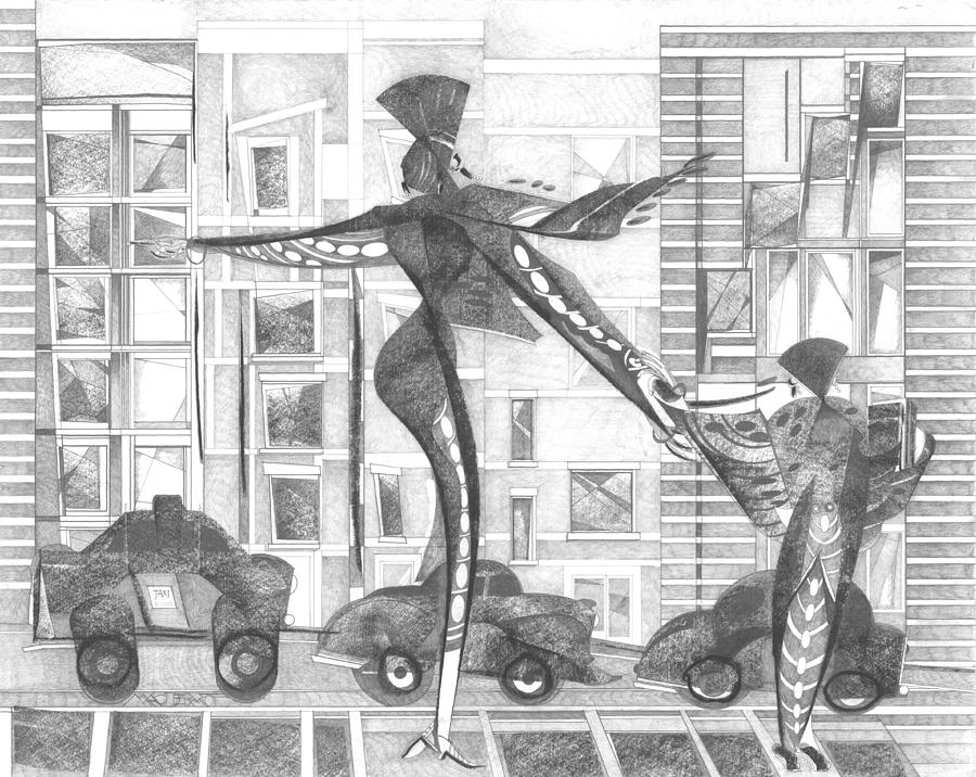 Black And White Drawing - Manhattan Mother Hailing Cab With Daughter by Vince MacDermot