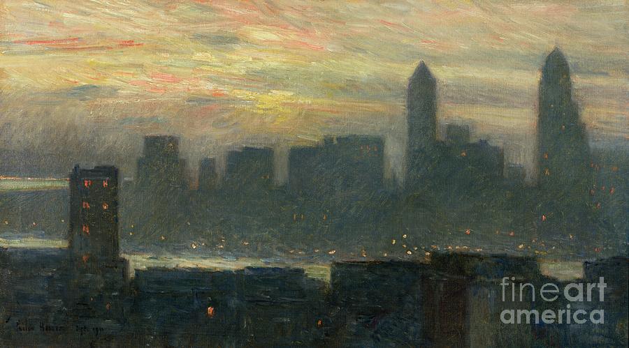 Manhattans Misty Sunset Painting by Childe Hassam