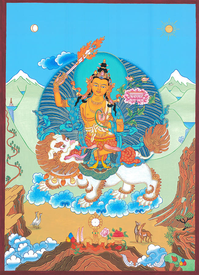 Deity Manjushri Seated on Lion Tibetan Thangka tapestry cloth poster wall cloth 
