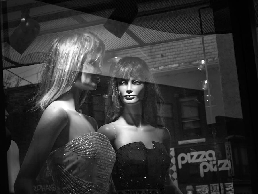 Mannequins in Storefront Window Display with Pizza Sign Photograph by Randall Nyhof