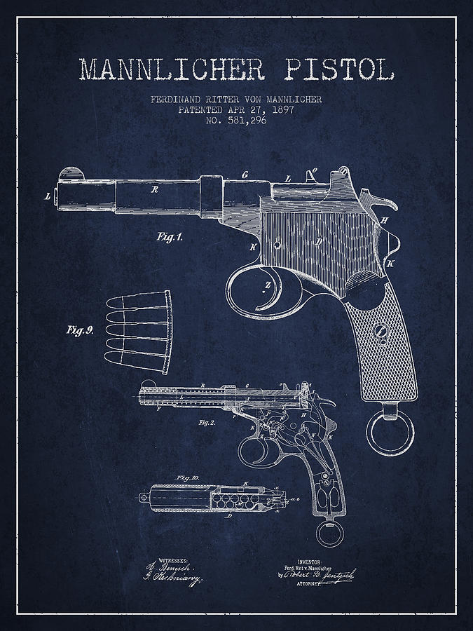 Mannlicher Pistol Patent Drawing From 1897 - Navy Blue Digital Art