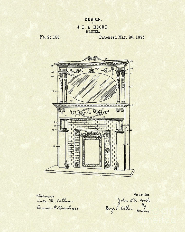Mantel 1895 Patent Art Drawing by Prior Art Design