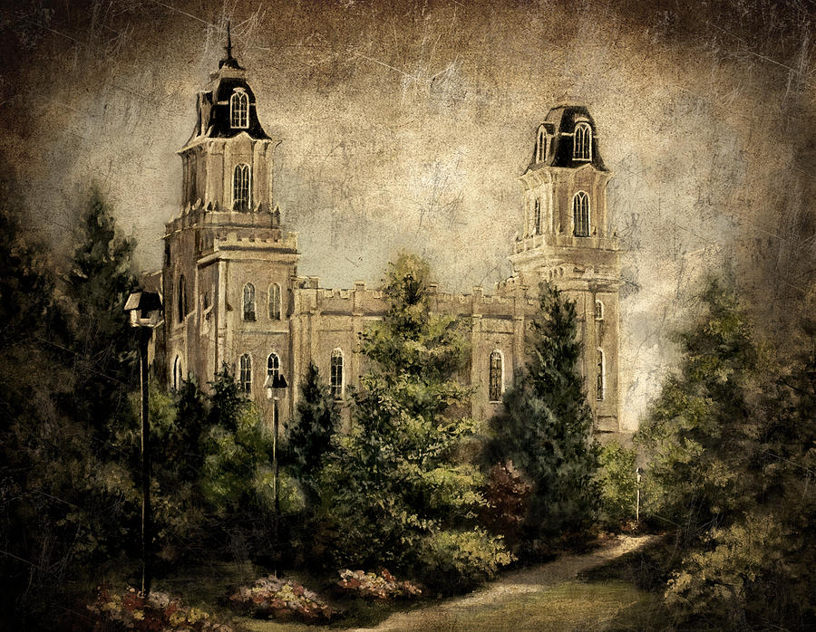 Landscape Painting - Manti Utah Temple-Pathway to Heaven Antique by Marcia Johnson