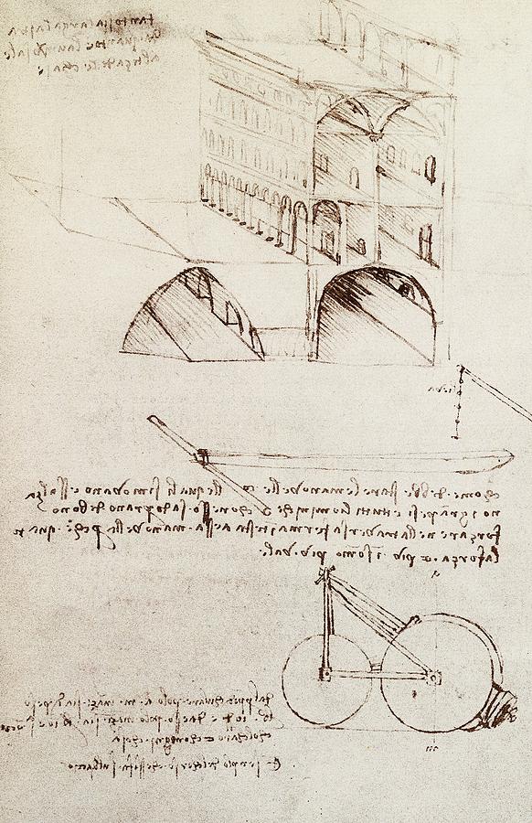 The Da Vinci Code Drawing - Manuscript B f 36 r Architectural studies development and sections of buildings in city with raise by Leonardo Da Vinci