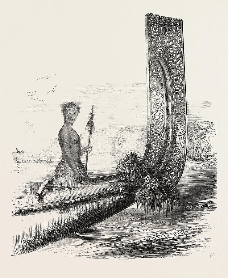 Maori Drawing - Maori Chief, And Carved Stern Of A New Zealand Canoe by New Zealand School Maori Drawing - Maori Chief, And Carved Stern Of A New Zealand Canoe by New Zealand School