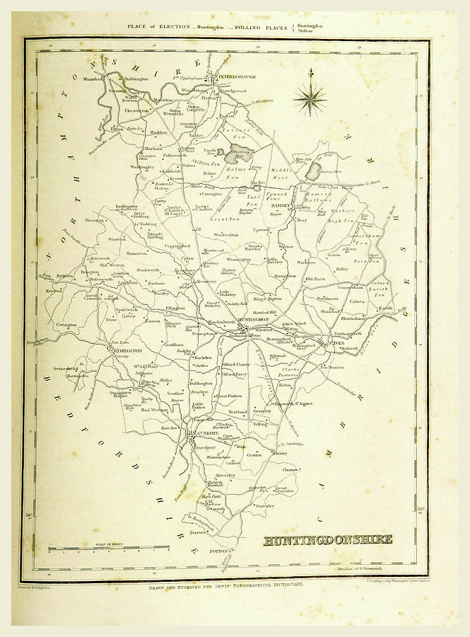 Map Huntingdonshire, 19th Century Engraving Drawing by Litz Collection ...