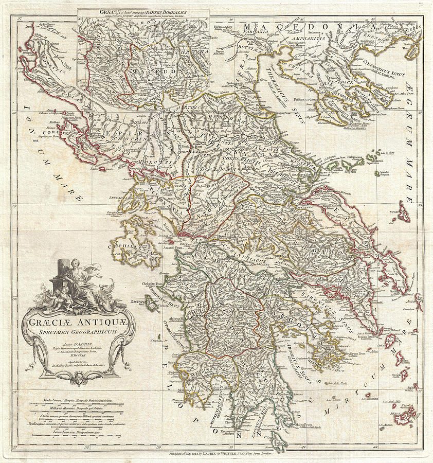 Map of Ancient Greece Drawing by Jean-Baptiste Bourguignon dAnville