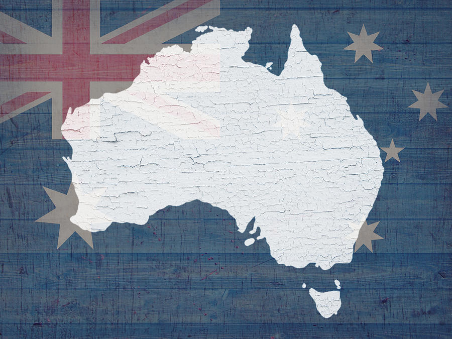 Map Of Australia Mixed Media - Map of Australia in White Old Paint on Australian Flag Barn Wood by Design Turnpike