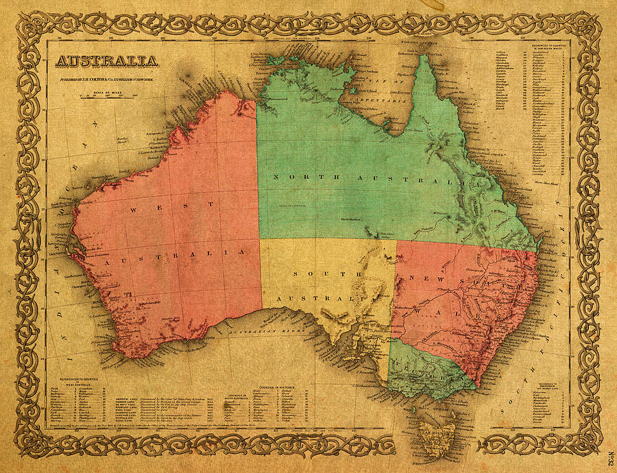 Vintage Mixed Media - Map of Australia Vintage 1855 on Worn Canvas by Design Turnpike