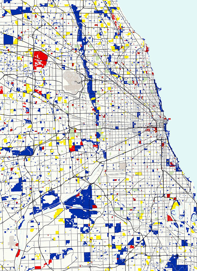 Map of Chicagoland in the style of Piet Mondrian Digital Art by Celestial Images
