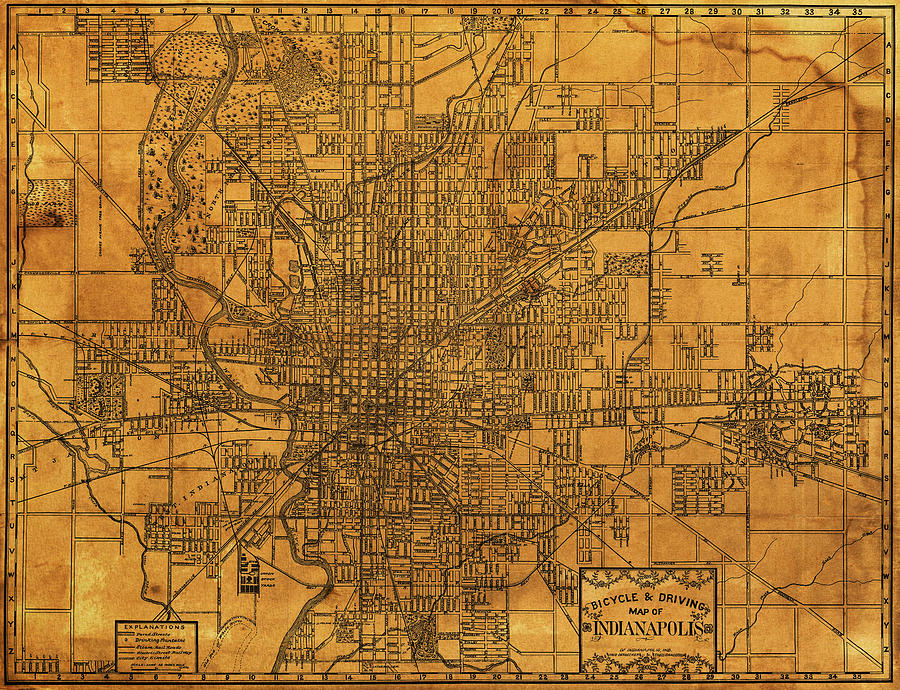 Indianapolis Mixed Media - Map of Indianapolis Vintage Bicycle and Driving Street Diagram on Weathered Parchment by Design Turnpike