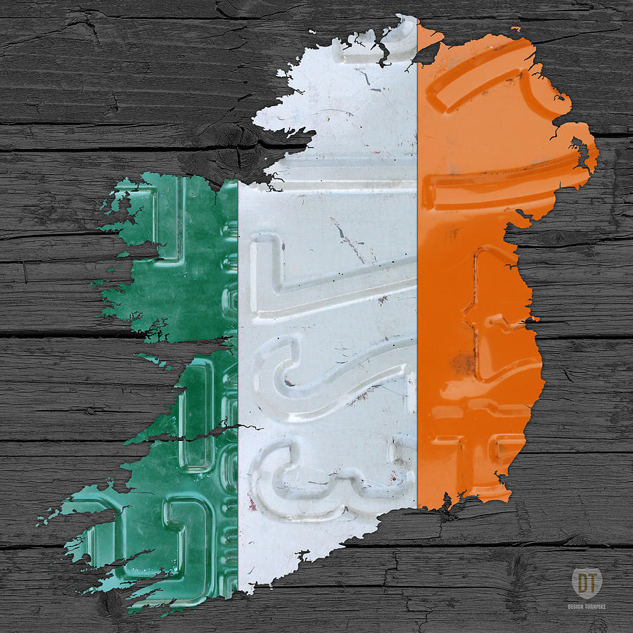 Map Mixed Media - Map of Ireland Plus Irish Flag License Plate Art on Gray Wood Board by Design Turnpike