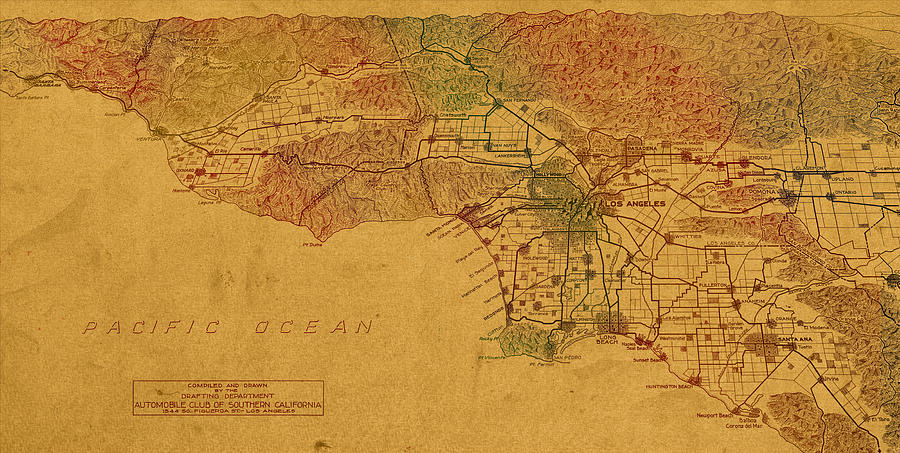 Los Angeles Mixed Media - Map of Los Angeles Hand Drawn and Colored Schematic Illustration from 1916 on Worn Parchment by Design Turnpike