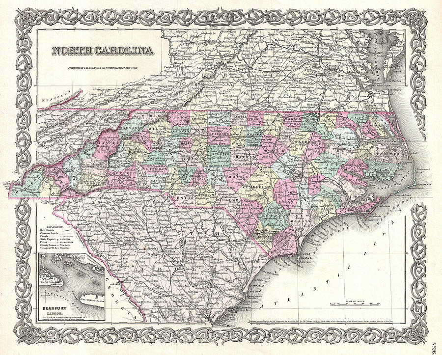 Map Of North Carolina Drawing - Map of North Carolina by Joseph Hutchins Colton