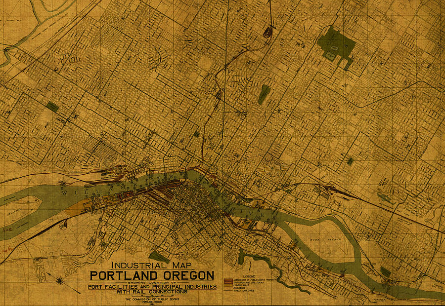 Portland Mixed Media - Map of Portland Oregon City Street Schematic Cartography Circa 1924 on Worn Parchment  by Design Turnpike