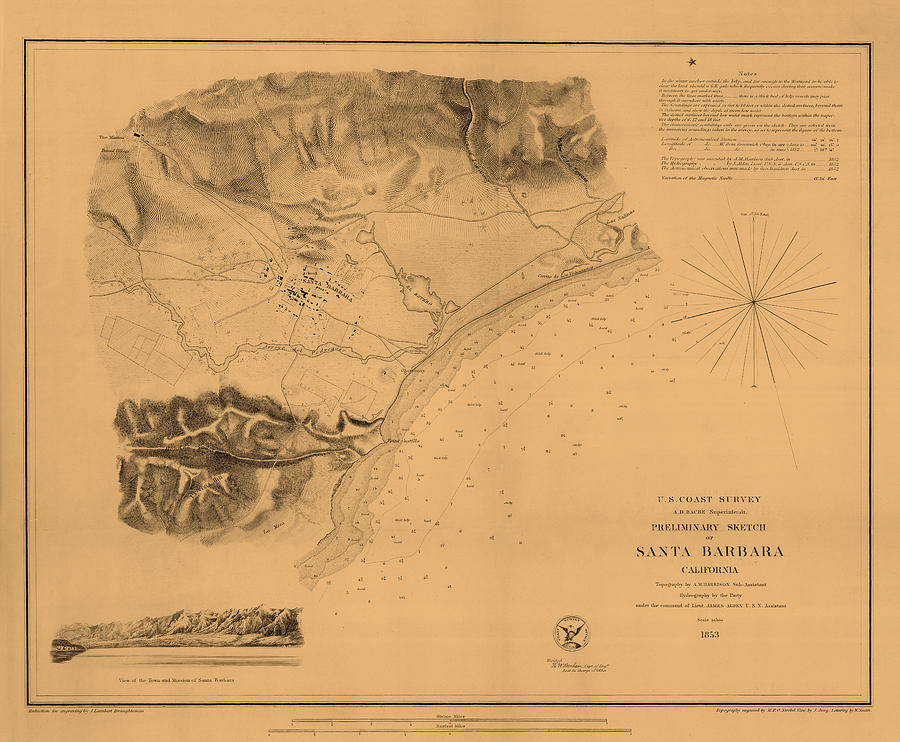Santa Barbara Photograph - Map of Santa Barbara 1853 by Andrew Fare