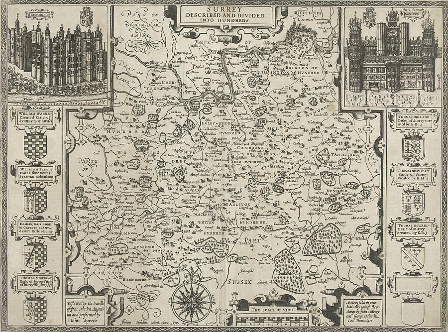 Map Of Surrey, Jodocus Hondius I, John Norden Drawing by Jodocus ...