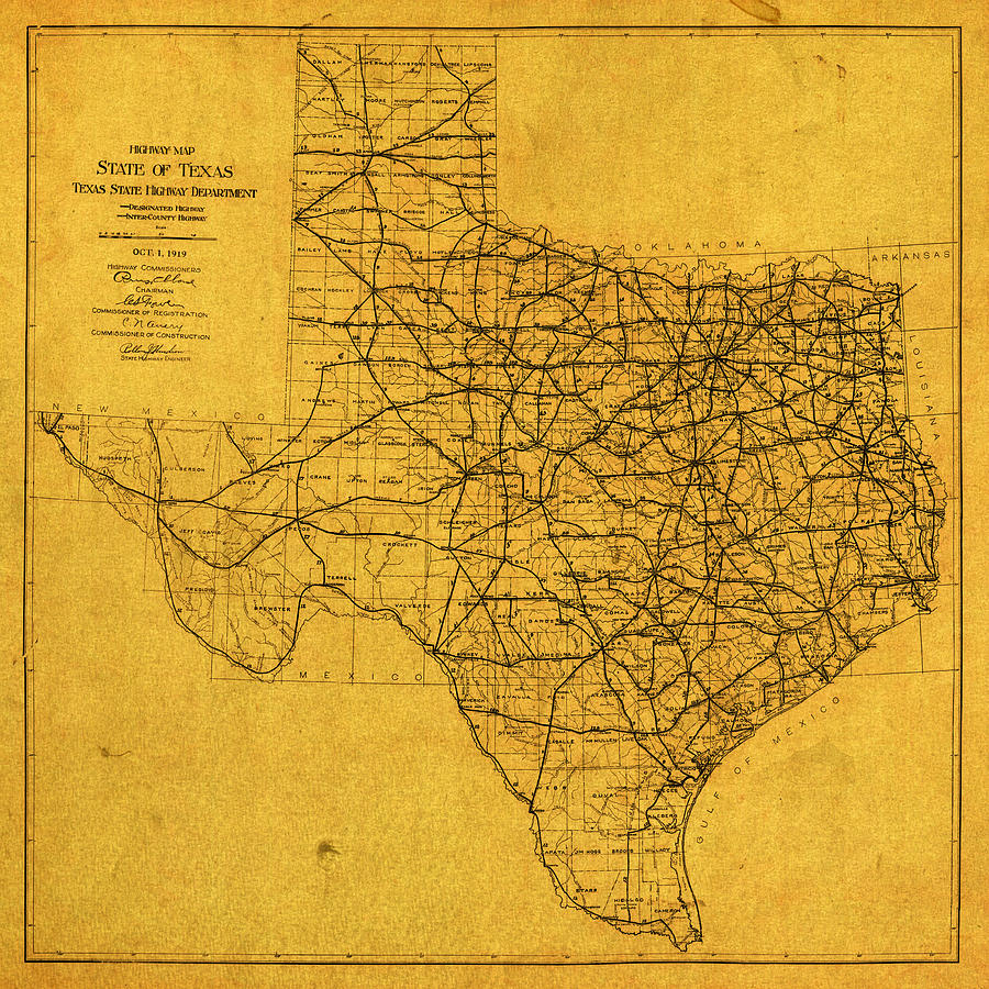 Vintage Mixed Media - Map of Texas Highways Vintage 1919 on Worn Distressed Canvas by Design Turnpike