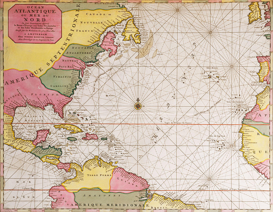 Map Drawing - Map of the Atlantic ocean showing the east coast of North America the Caribbean and Central America by French School