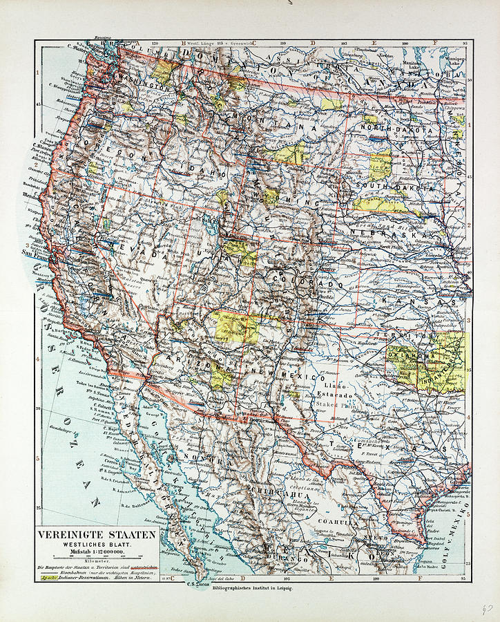 Map Of The Western Part Of The United States Of America 1899 Drawing by ...