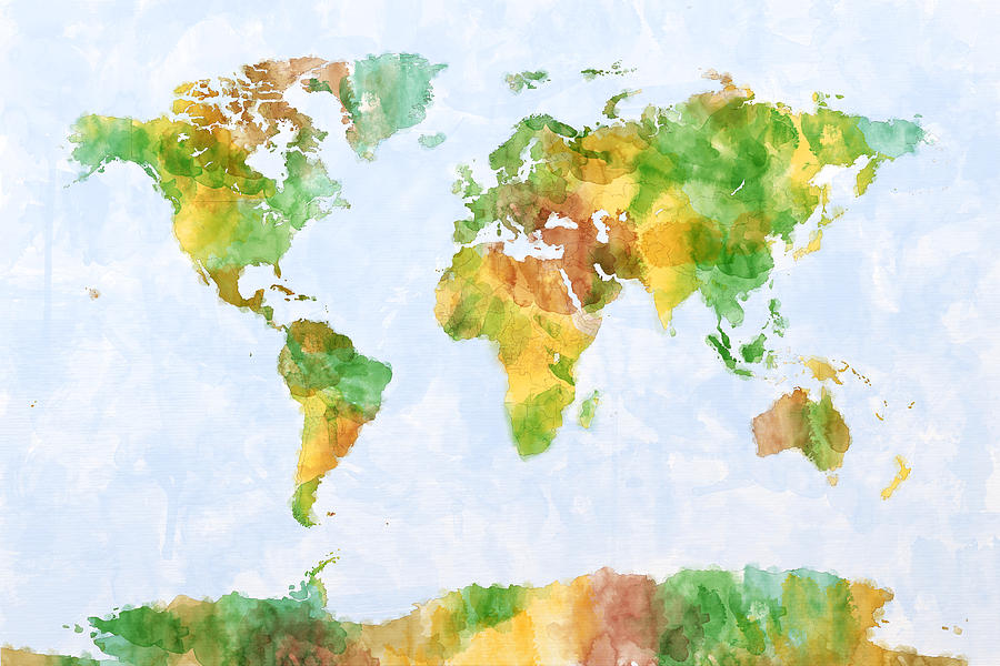 Map of the World Watercolour Digital Art by Michael Tompsett